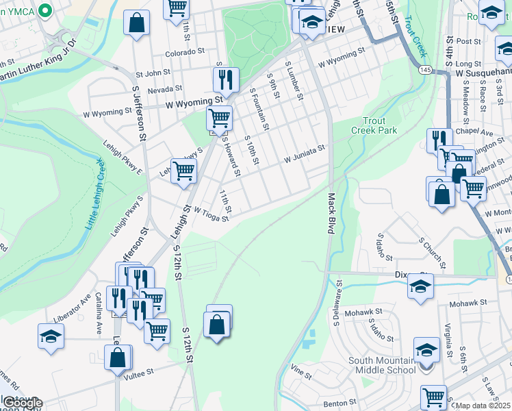 map of restaurants, bars, coffee shops, grocery stores, and more near 1344 South Howard Street in Allentown