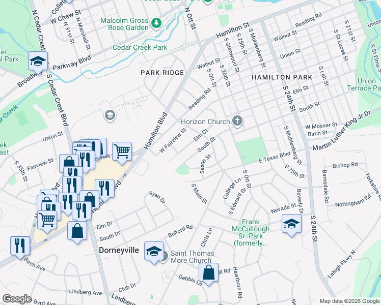 map of restaurants, bars, coffee shops, grocery stores, and more near 2825 South Street in Allentown