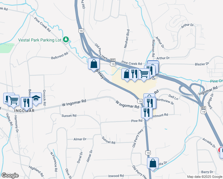 map of restaurants, bars, coffee shops, grocery stores, and more near 706 Camelot Drive in Pittsburgh