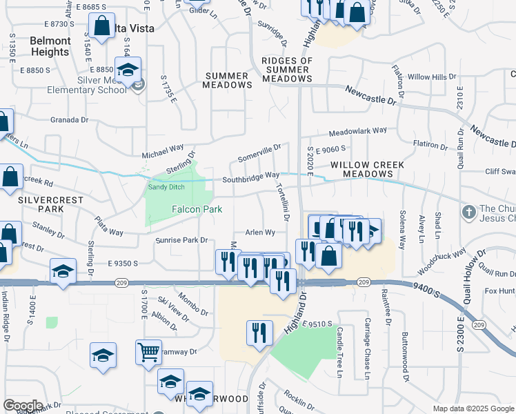 map of restaurants, bars, coffee shops, grocery stores, and more near 9202 Creponette Drive in Sandy