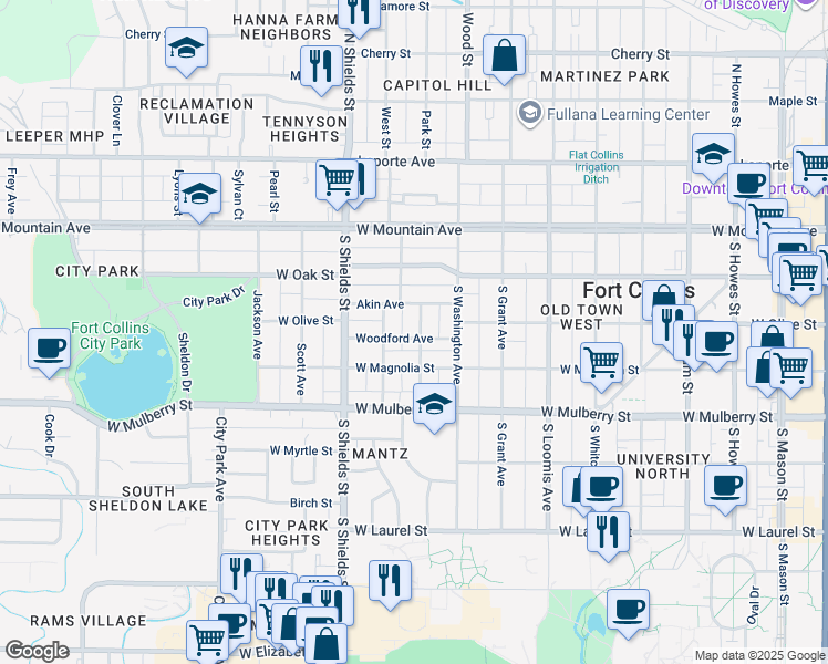 map of restaurants, bars, coffee shops, grocery stores, and more near 331 Gordon Street in Fort Collins
