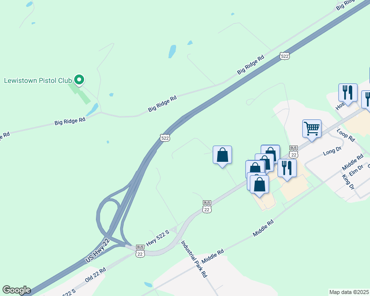 map of restaurants, bars, coffee shops, grocery stores, and more near 216 Cliffside Drive in Lewistown