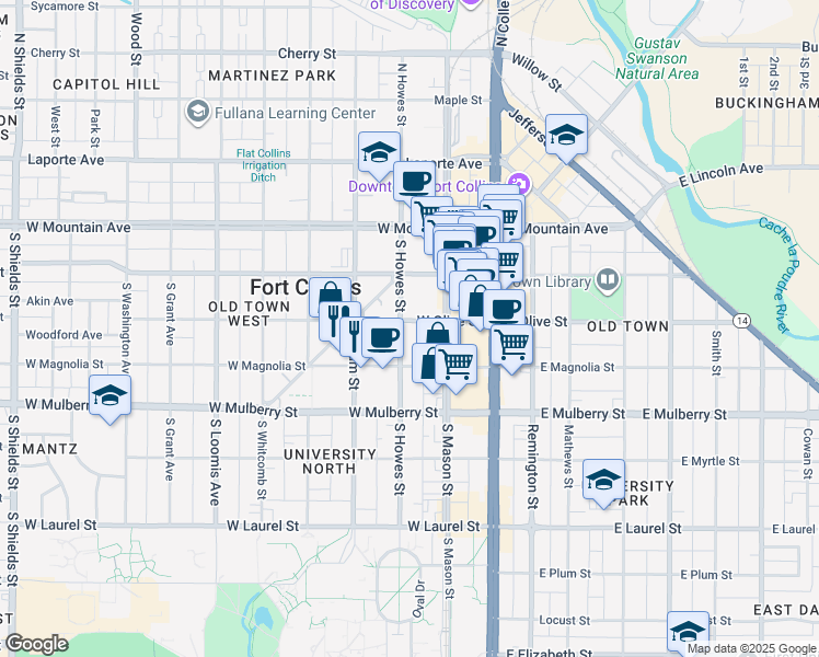 map of restaurants, bars, coffee shops, grocery stores, and more near 300 South Howes Street in Fort Collins