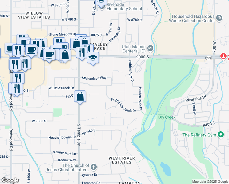 map of restaurants, bars, coffee shops, grocery stores, and more near 1142 West Trimble Creek Drive in West Jordan
