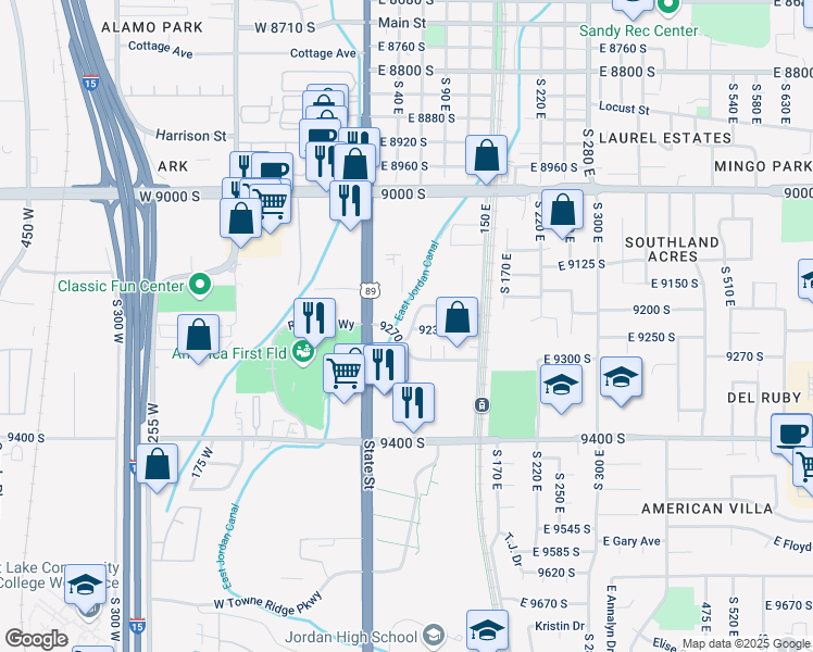 map of restaurants, bars, coffee shops, grocery stores, and more near 9224 Benson Way East in Sandy