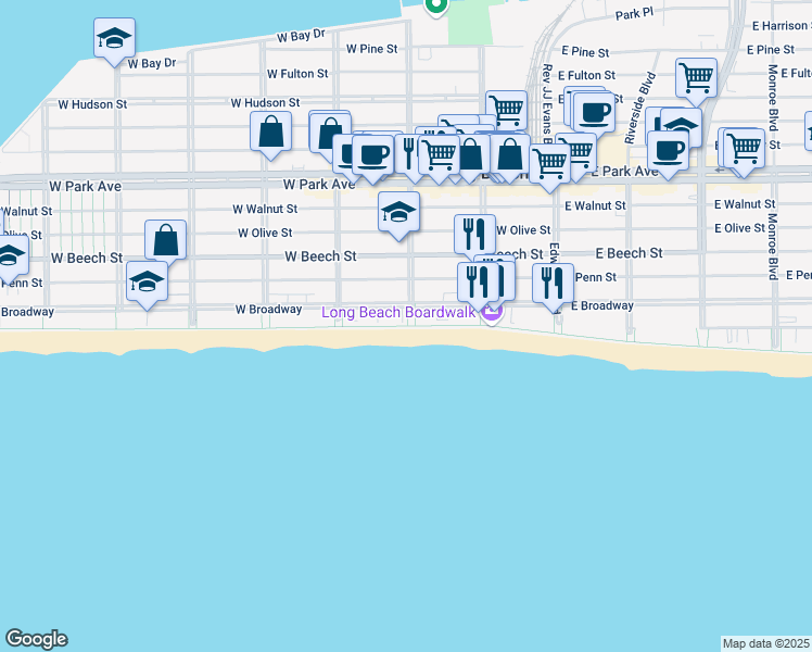 map of restaurants, bars, coffee shops, grocery stores, and more near 431-401 Oceanfront in Long Beach
