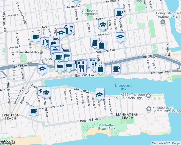 map of restaurants, bars, coffee shops, grocery stores, and more near 2235 Emmons Avenue in Brooklyn