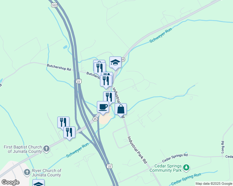 map of restaurants, bars, coffee shops, grocery stores, and more near Industrial Park Road in Mifflintown