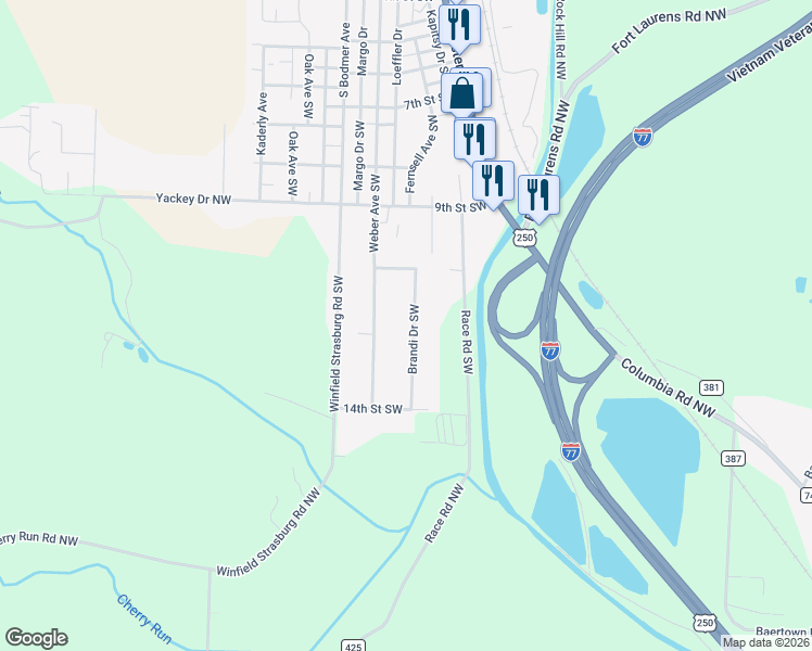 map of restaurants, bars, coffee shops, grocery stores, and more near 1242 Brandi Drive Southwest in Strasburg