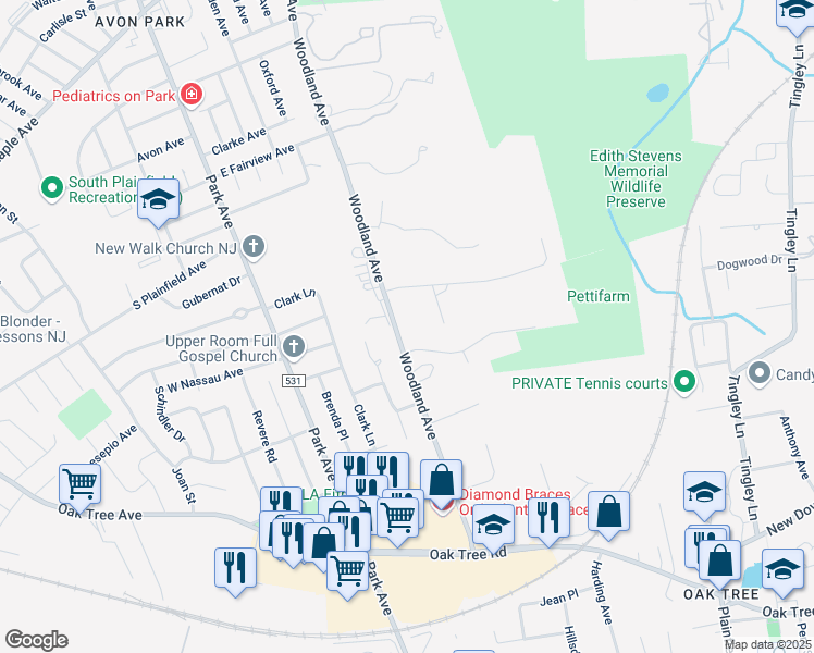 map of restaurants, bars, coffee shops, grocery stores, and more near 1783 Woodland Avenue in Edison