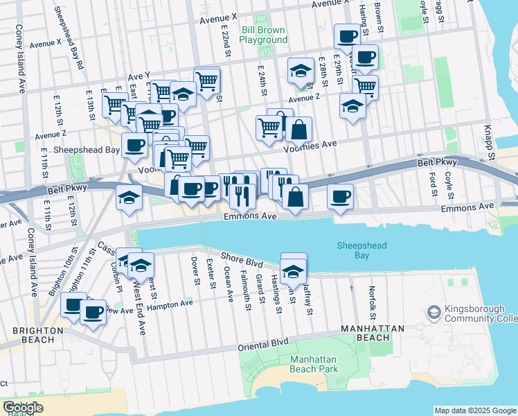 map of restaurants, bars, coffee shops, grocery stores, and more near 2211 Emmons Avenue in Brooklyn