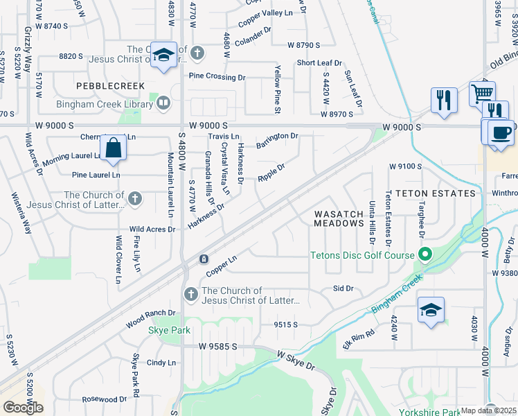map of restaurants, bars, coffee shops, grocery stores, and more near 4613 Moose Horn Court in West Jordan