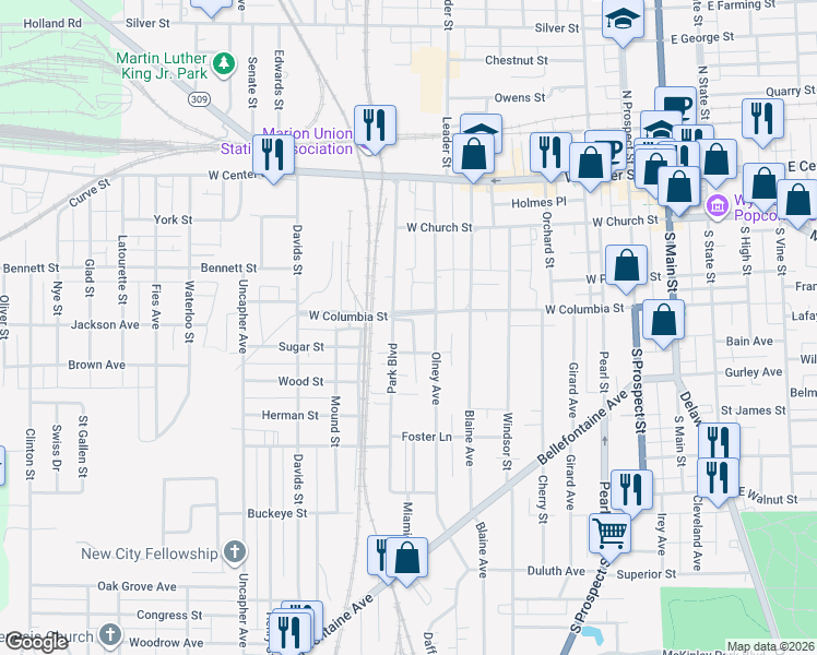 map of restaurants, bars, coffee shops, grocery stores, and more near 319 Columbia Ct in Marion