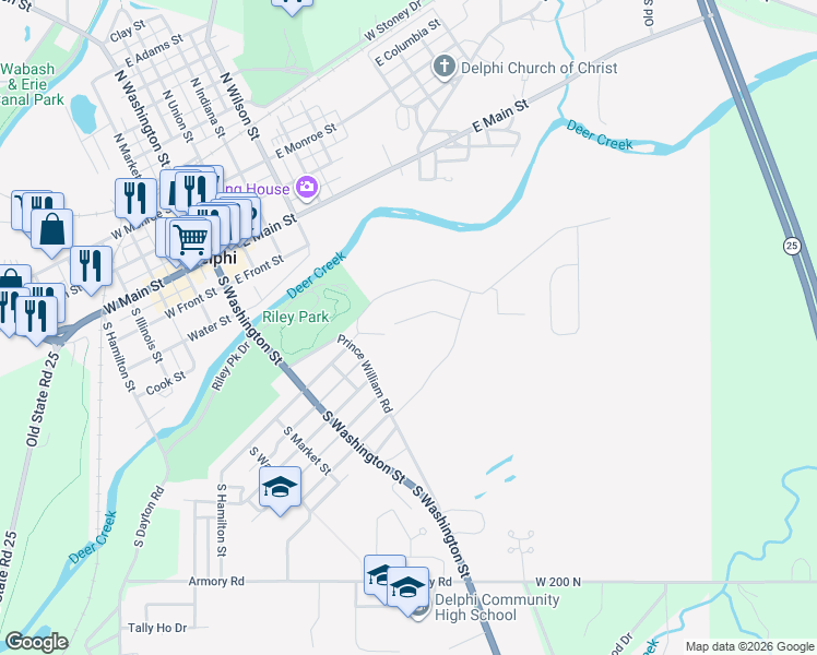 map of restaurants, bars, coffee shops, grocery stores, and more near 100 Riley Road in Delphi