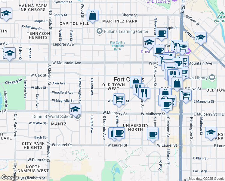 map of restaurants, bars, coffee shops, grocery stores, and more near 613 West Olive Street in Fort Collins