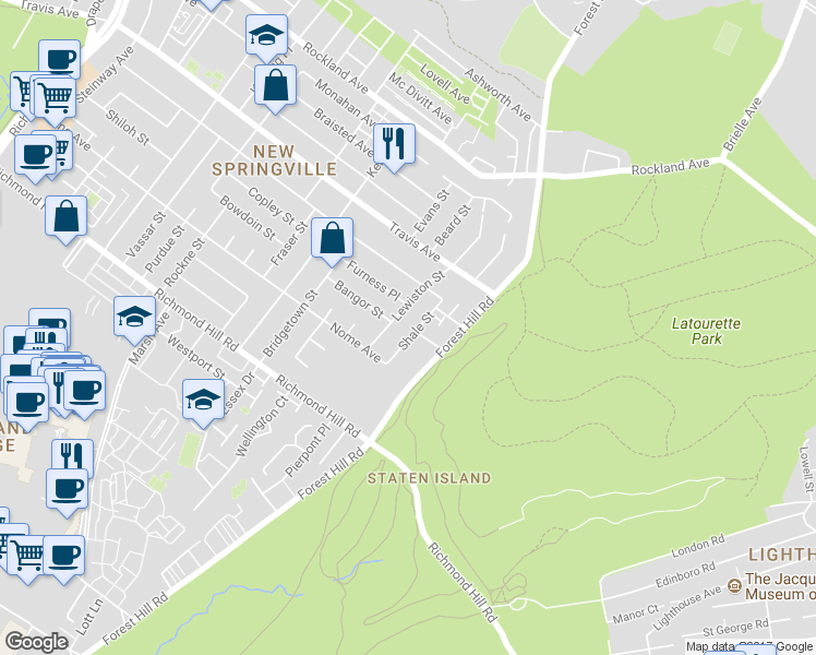 map of restaurants, bars, coffee shops, grocery stores, and more near 48 Shale Street in Staten Island