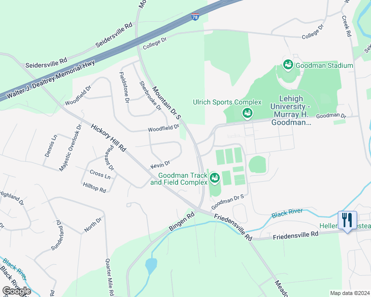 map of restaurants, bars, coffee shops, grocery stores, and more near 1674 Kevin Dr in Bethlehem