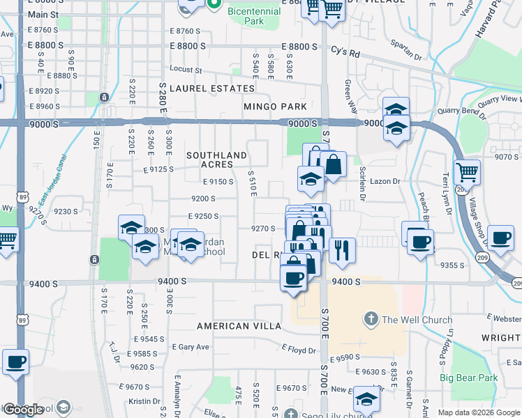 map of restaurants, bars, coffee shops, grocery stores, and more near 527 East Rose Bowl Court in Sandy