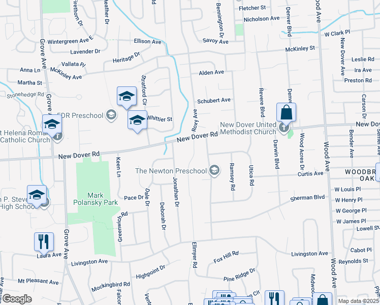 map of restaurants, bars, coffee shops, grocery stores, and more near 83 Ellmyer Road in Edison