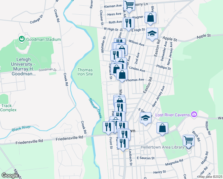 map of restaurants, bars, coffee shops, grocery stores, and more near 1050 Main Street in Hellertown