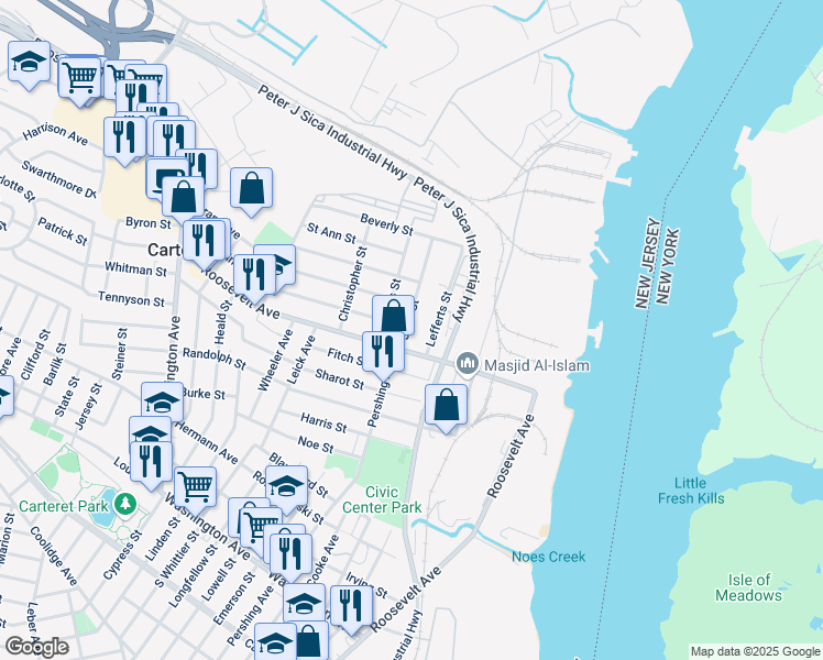 map of restaurants, bars, coffee shops, grocery stores, and more near 10 John Street in Carteret
