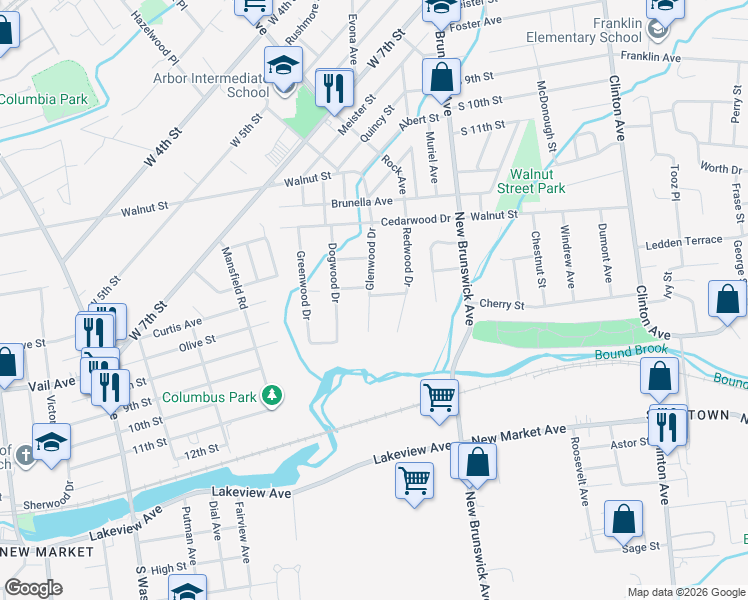 map of restaurants, bars, coffee shops, grocery stores, and more near 1509 Glenwood Drive in Piscataway