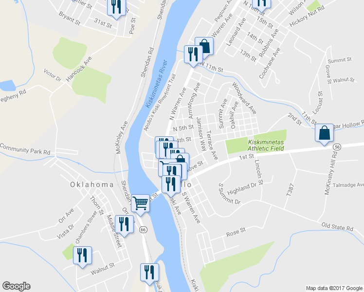 map of restaurants, bars, coffee shops, grocery stores, and more near 305 North Pennsylvania Avenue in Apollo