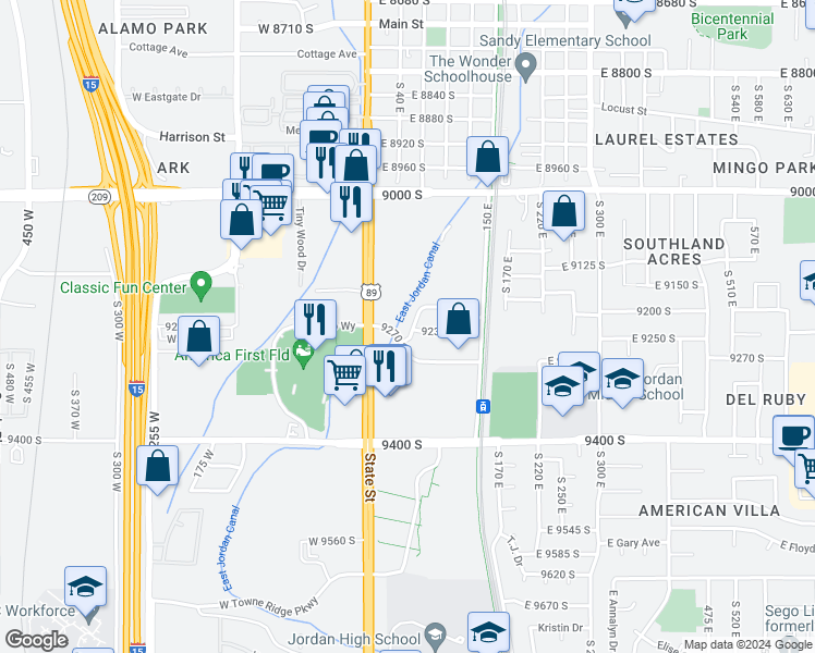 map of restaurants, bars, coffee shops, grocery stores, and more near 9224 Benson Way East in Sandy