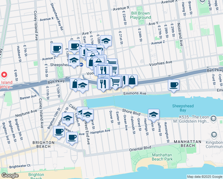 map of restaurants, bars, coffee shops, grocery stores, and more near 2804 East 19th Street in Brooklyn