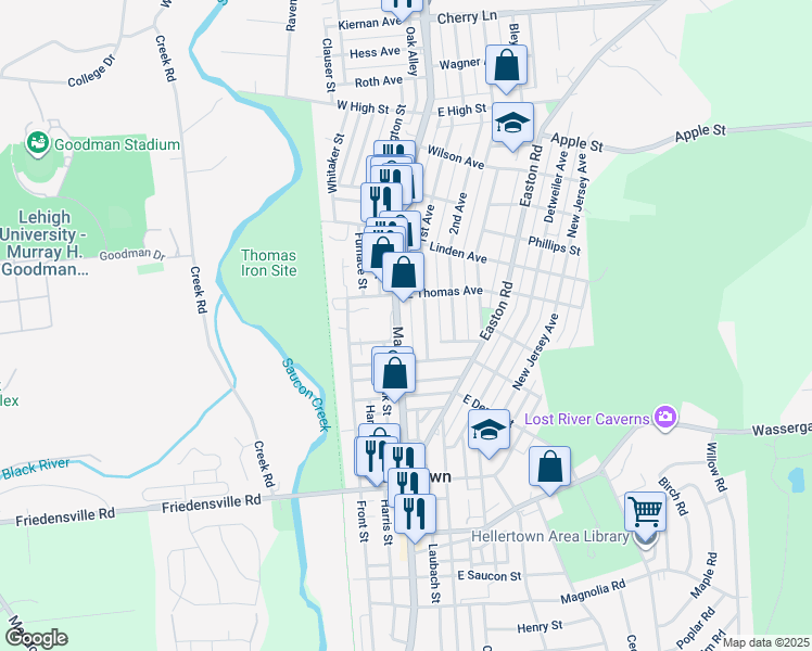 map of restaurants, bars, coffee shops, grocery stores, and more near 1051 Main Street in Hellertown
