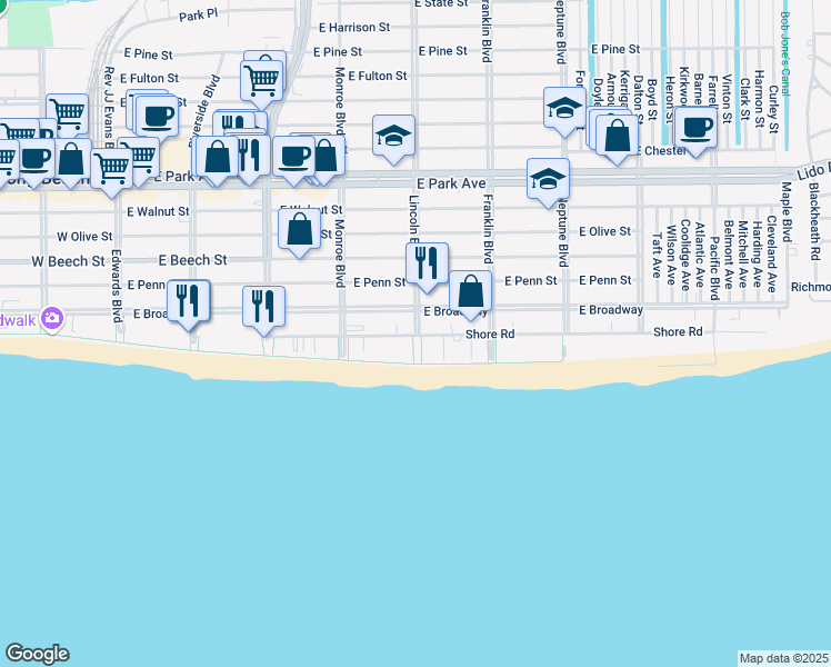 map of restaurants, bars, coffee shops, grocery stores, and more near 365 Shore Road in Long Beach
