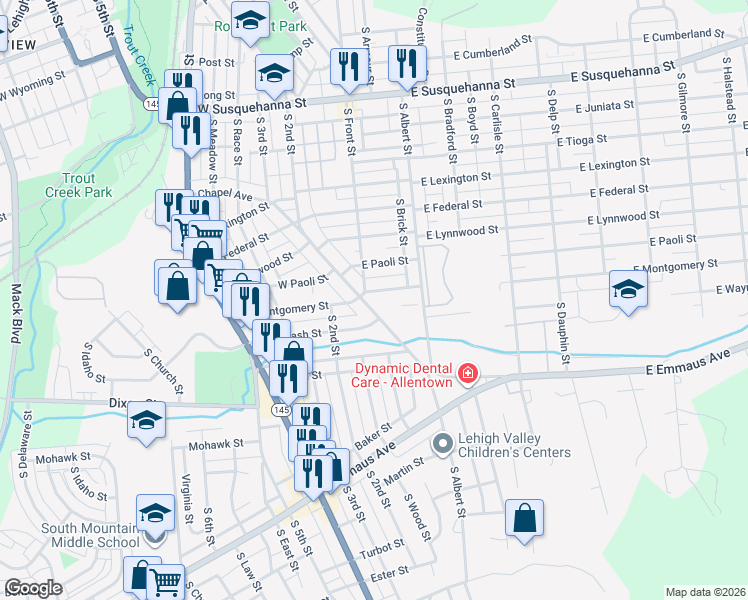 map of restaurants, bars, coffee shops, grocery stores, and more near 22 East Montgomery Street in Allentown