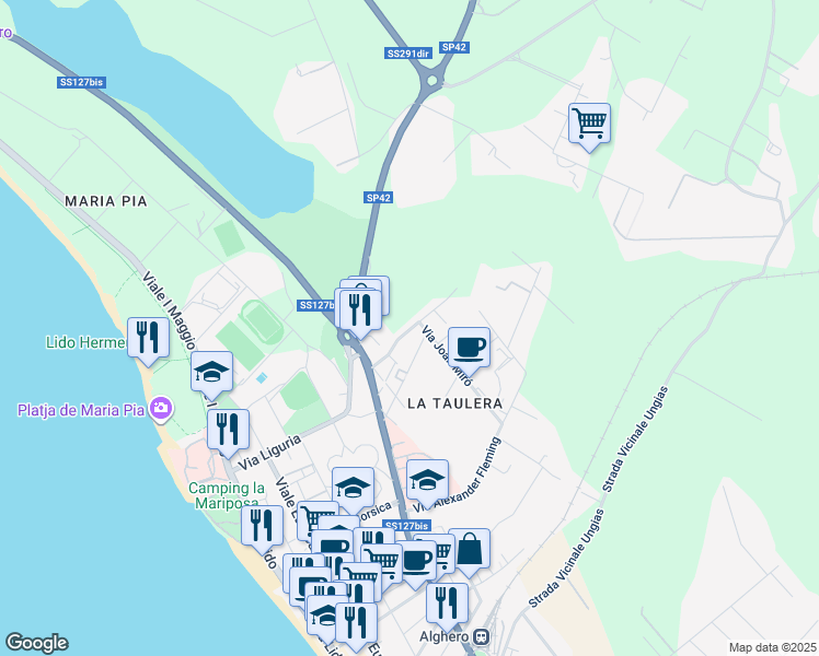 map of restaurants, bars, coffee shops, grocery stores, and more near 29 Via Antoni Gaudì in Alghero