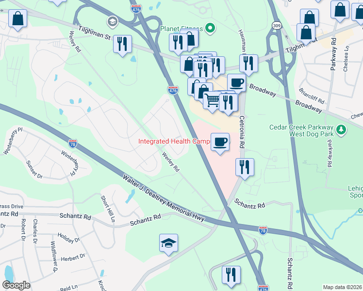 map of restaurants, bars, coffee shops, grocery stores, and more near 248 Milkweed Drive in Allentown