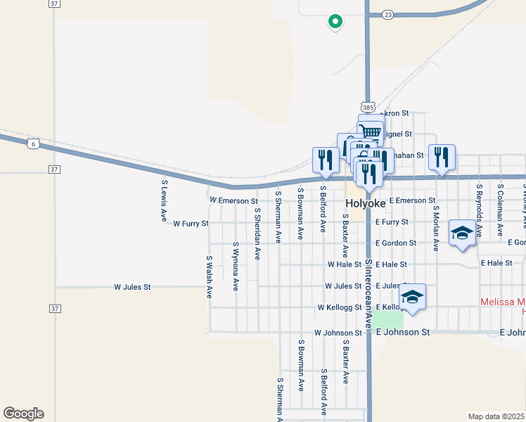 map of restaurants, bars, coffee shops, grocery stores, and more near 245 South Sheridan Avenue in Holyoke