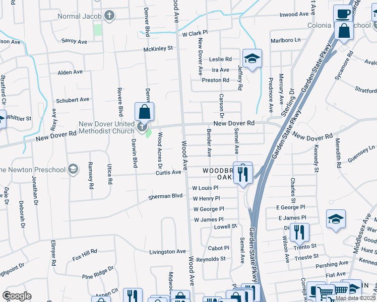 map of restaurants, bars, coffee shops, grocery stores, and more near 526 Wood Avenue in Woodbridge Township