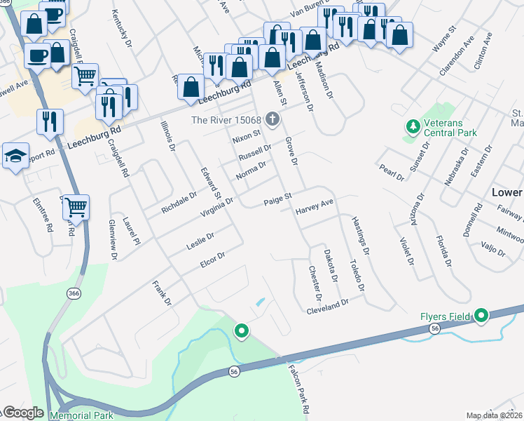 map of restaurants, bars, coffee shops, grocery stores, and more near 2636 Paige Street in New Kensington