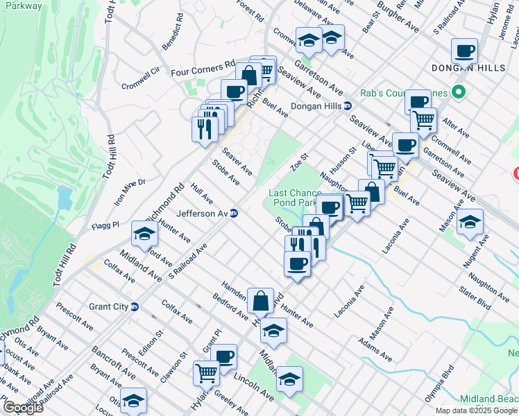 map of restaurants, bars, coffee shops, grocery stores, and more near 118 Stobe Avenue in Staten Island