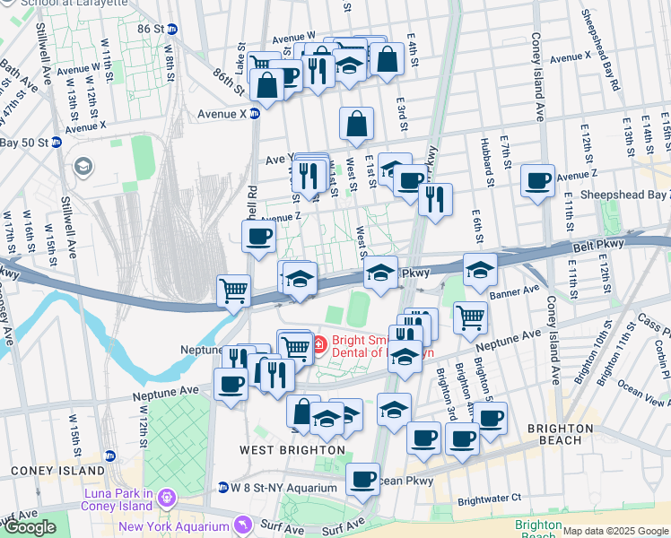 map of restaurants, bars, coffee shops, grocery stores, and more near 19 Shore Parkway in Brooklyn