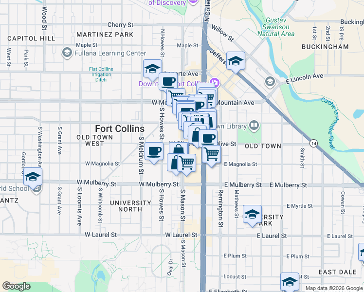 map of restaurants, bars, coffee shops, grocery stores, and more near 311 South Mason Street in Fort Collins