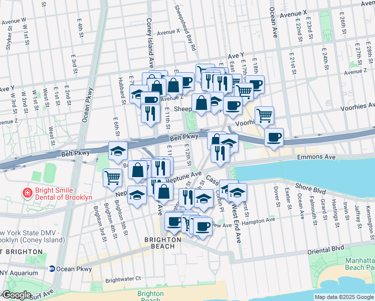 map of restaurants, bars, coffee shops, grocery stores, and more near 2752 East 12th Street in Brooklyn