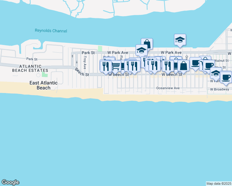 map of restaurants, bars, coffee shops, grocery stores, and more near 1089 Oceanfront in East Atlantic Beach