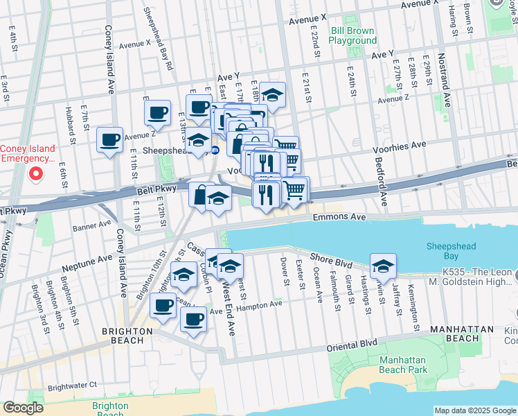 map of restaurants, bars, coffee shops, grocery stores, and more near 3360 Shore Parkway in Brooklyn
