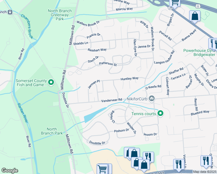 map of restaurants, bars, coffee shops, grocery stores, and more near 15 Simonson Lane in Bridgewater Township