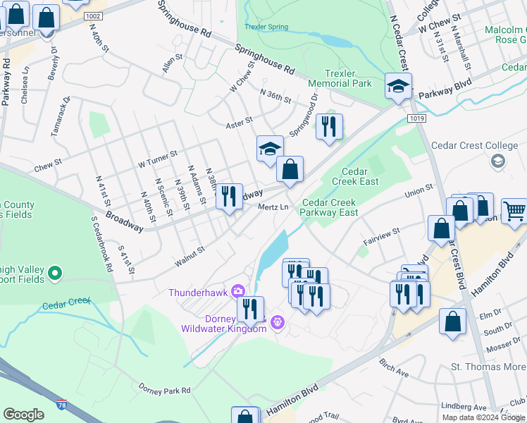 map of restaurants, bars, coffee shops, grocery stores, and more near 42 Mertz Lane in Allentown