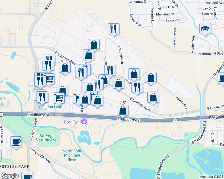 map of restaurants, bars, coffee shops, grocery stores, and more near 228 Lincoln Court in Fort Collins