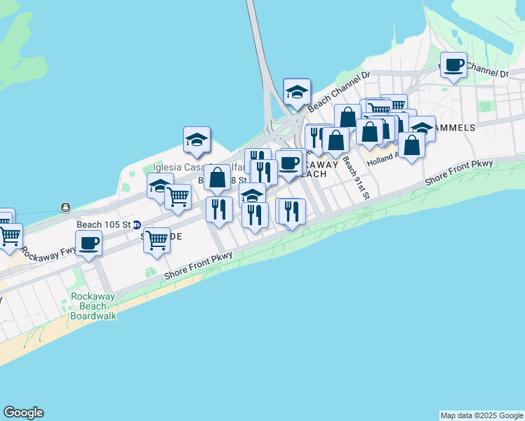 map of restaurants, bars, coffee shops, grocery stores, and more near 1-77 Beach 98th Street in Queens