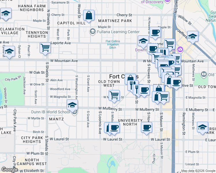 map of restaurants, bars, coffee shops, grocery stores, and more near in Fort Collins