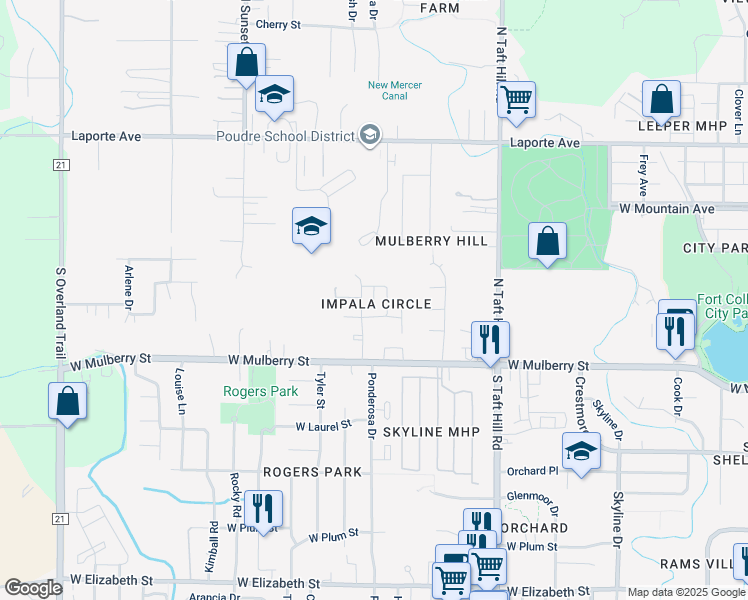 map of restaurants, bars, coffee shops, grocery stores, and more near 326 Impala Circle in Fort Collins