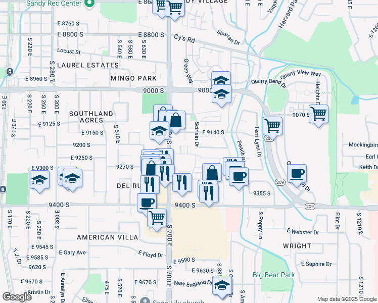 map of restaurants, bars, coffee shops, grocery stores, and more near 9232 Ashbourne Drive in Sandy